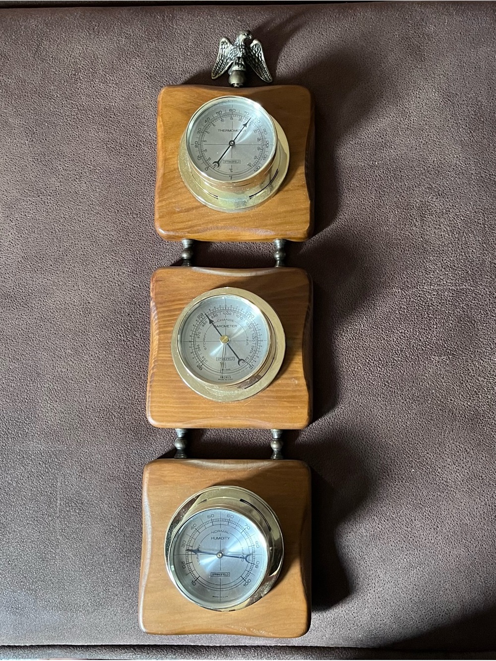 VTG Springfield  Weather Station Barometer Thermometer Humidity Wood with Eagle
